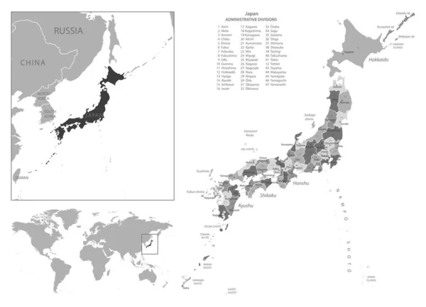 Japón Mapa Blanco Negro Muy Detallado Ilustración Vectorial — Vector de stock