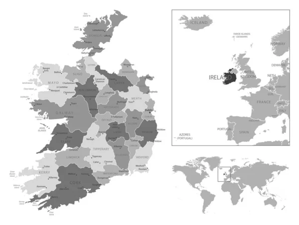 Irlanda Mapa Blanco Negro Muy Detallado Ilustración Vectorial — Vector de stock