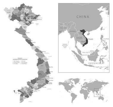 Vietnam - çok detaylı siyah beyaz harita. Vektör illüstrasyonu
