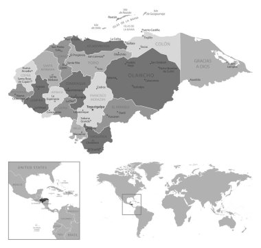 Honduras - çok detaylı siyah beyaz harita. Vektör illüstrasyonu