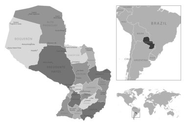 Paraguay - çok detaylı siyah beyaz harita. Vektör illüstrasyonu