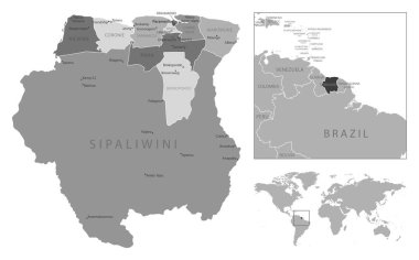 Surinam - çok detaylı siyah beyaz harita. Vektör illüstrasyonu