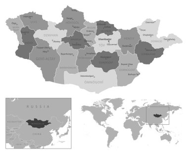 Moğolistan - çok detaylı siyah beyaz harita. Vektör illüstrasyonu