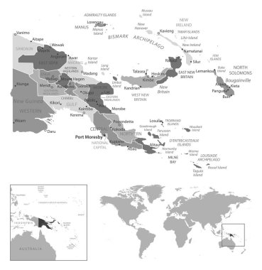 Papua Yeni Gine - çok detaylı siyah beyaz harita. Vektör illüstrasyonu