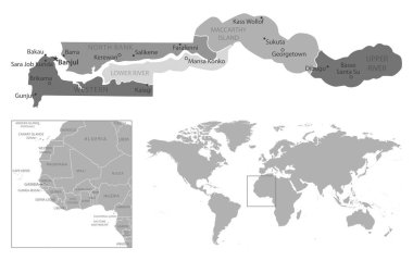 Gambiya - çok detaylı siyah beyaz harita.