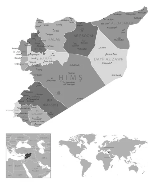 Suriye Çok Detaylı Siyah Beyaz Harita Vektör Illüstrasyonu — Stok Vektör