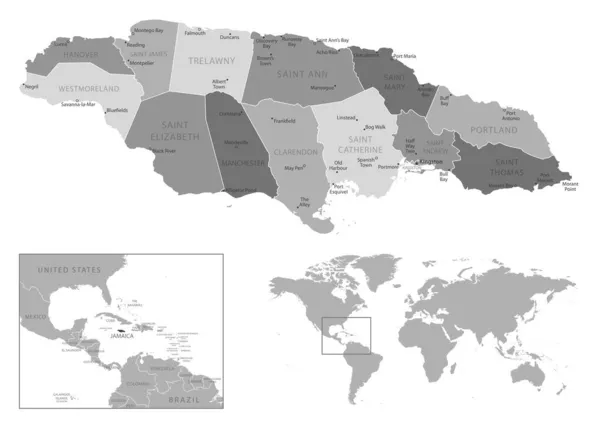 Jamaica Nagyon Részletes Fekete Fehér Térkép Vektorillusztráció — Stock Vector