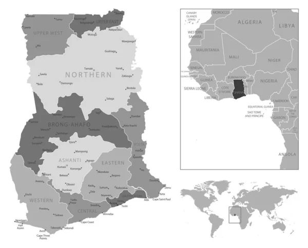 Гана Дуже Детальна Чорно Біла Карта Приклад Вектора — стоковий вектор