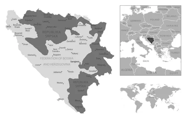 Босния Герцеговина Подробная Черно Белая Карта Векторная Иллюстрация — стоковый вектор