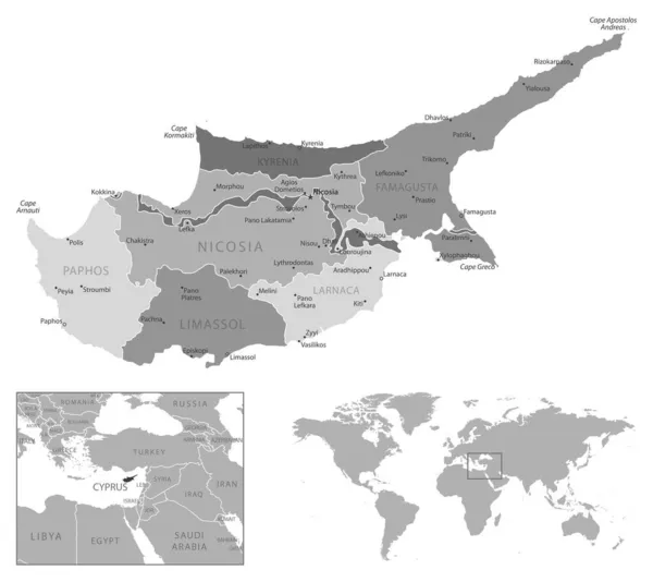 塞浦路斯 非常详细的黑白地图 矢量说明 — 图库矢量图片