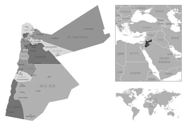 Иордания Подробная Черно Белая Карта Векторная Иллюстрация — стоковый вектор