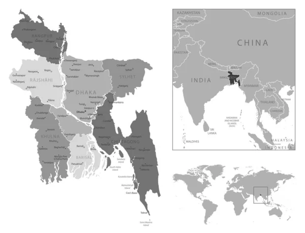 Μπανγκλαντές Εξαιρετικά Λεπτομερής Ασπρόμαυρος Χάρτης Εικονογράφηση Διανύσματος — Διανυσματικό Αρχείο