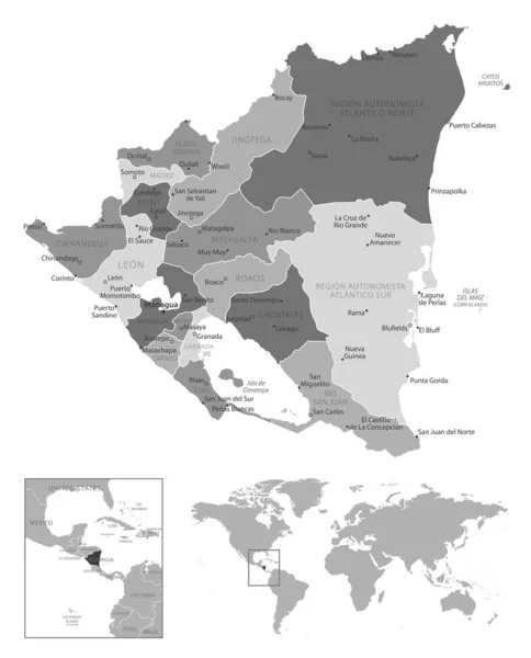 Nicaragua Sehr Detaillierte Schwarz Weiß Karte Vektorillustration — Stockvektor