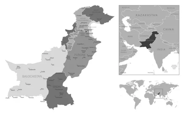 Pakistán Mapa Blanco Negro Muy Detallado Ilustración Vectorial — Vector de stock