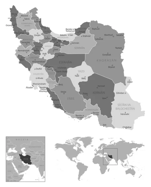 Írán Velmi Podrobná Černobílá Mapa Vektorová Ilustrace — Stockový vektor