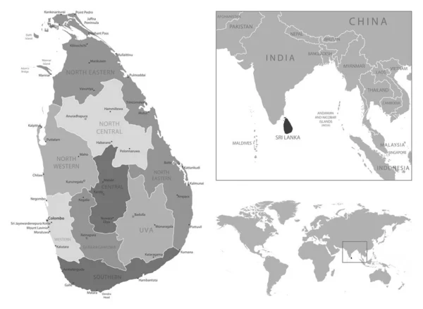 Sri Lanka Mappa Bianco Nero Molto Dettagliata Illustrazione Vettoriale — Vettoriale Stock