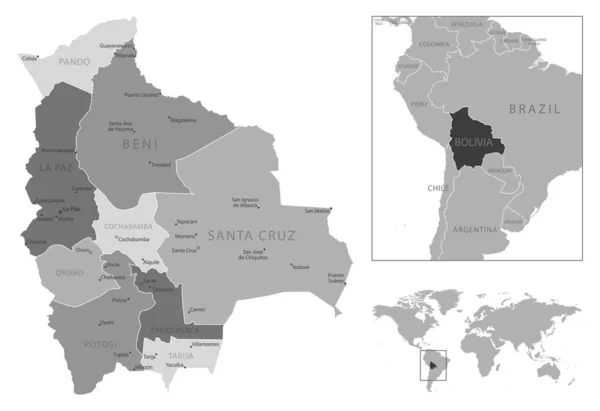 ボリビア 非常に詳細な黒と白の地図 ベクターイラスト — ストックベクタ