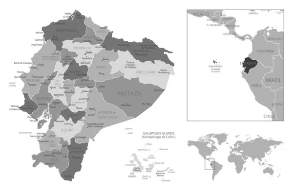 Equador Mapa Preto Branco Altamente Detalhado Ilustração Vetorial — Vetor de Stock