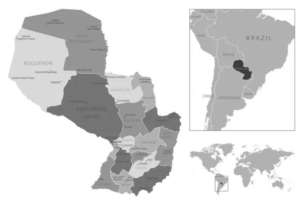 パラグアイ 非常に詳細な黒と白の地図 ベクターイラスト — ストックベクタ