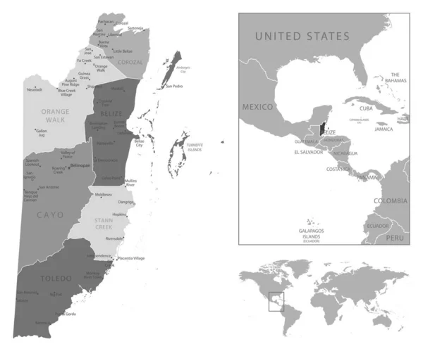ベリーズ 非常に詳細な黒と白の地図 ベクターイラスト — ストックベクタ