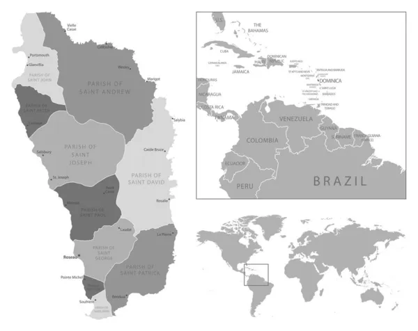 Dominica Sehr Detaillierte Schwarz Weiß Karte Vektorillustration — Stockvektor