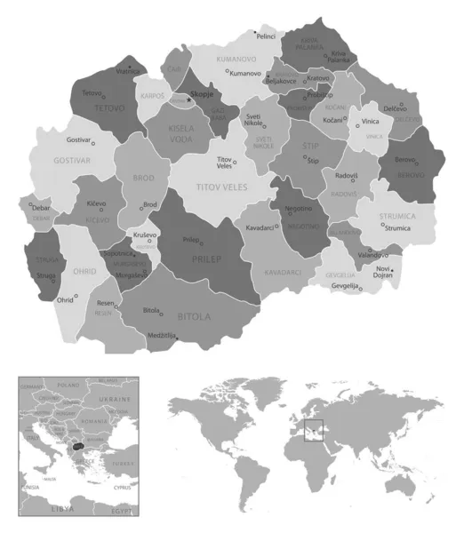 Mazedonien Sehr Detaillierte Schwarz Weiß Karte Vektorillustration — Stockvektor