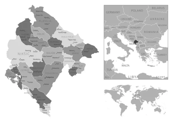 Czarnogóra Bardzo Szczegółowa Czarno Biała Mapa Ilustracja Wektora — Wektor stockowy