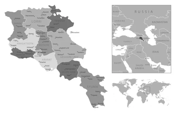 Ermenistan Çok Detaylı Siyah Beyaz Harita Vektör Illüstrasyonu — Stok Vektör