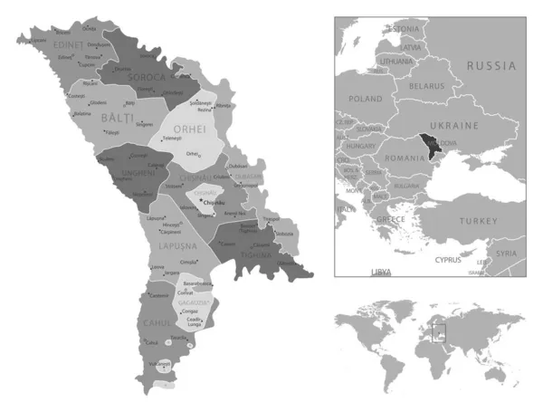 摩尔多瓦 非常详细的黑白地图 矢量说明 — 图库矢量图片