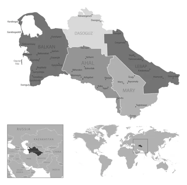 Turkmenistán Mapa Blanco Negro Muy Detallado Ilustración Vectorial — Vector de stock