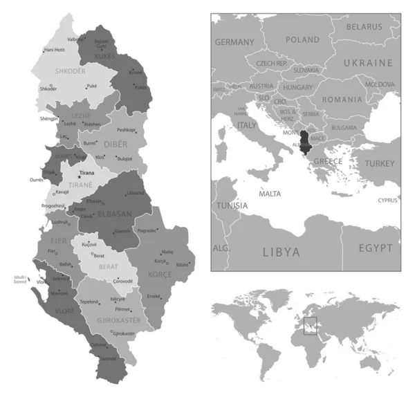 Arnavutluk Son Derece Detaylı Siyah Beyaz Harita Vektör Illüstrasyonu — Stok Vektör