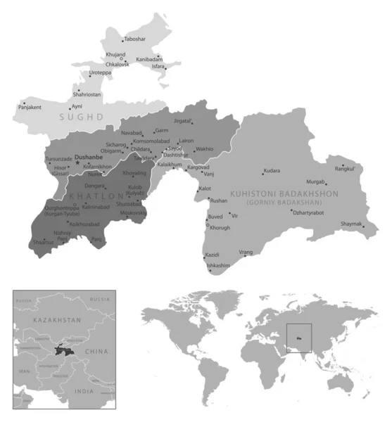 Tádžikistán Velmi Podrobná Černobílá Mapa Vektorová Ilustrace — Stockový vektor