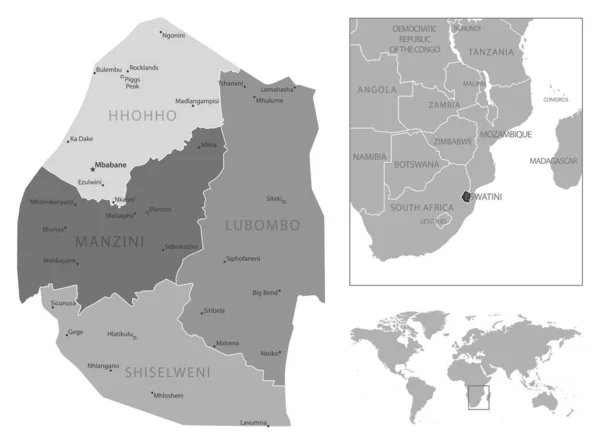 Eswatini Mapa Blanco Negro Muy Detallado Ilustración Vectorial — Archivo Imágenes Vectoriales