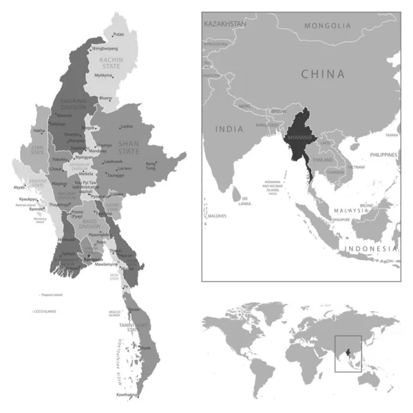 Myanmar Mappa Bianco Nero Molto Dettagliata Illustrazione Vettoriale — Vettoriale Stock