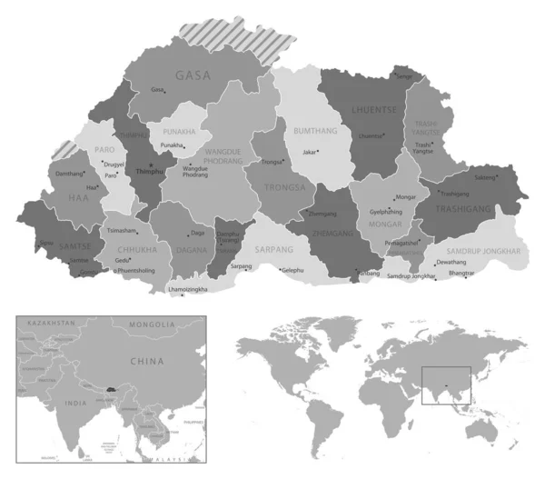 Butão Mapa Preto Branco Altamente Detalhado Ilustração Vetorial — Vetor de Stock