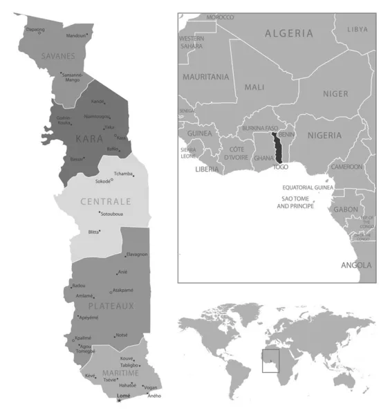 Togo - детальная черно-белая карта. — стоковый вектор