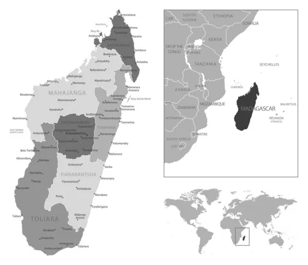 Madagaskar - çok detaylı siyah beyaz harita. — Stok Vektör