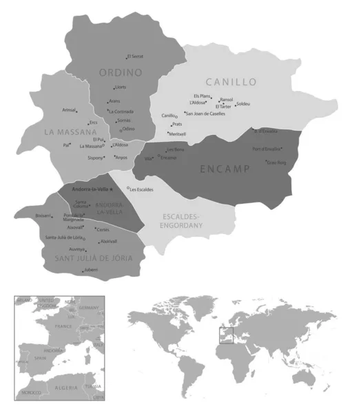 Andorra - zeer gedetailleerde zwart-wit kaart. — Stockvector