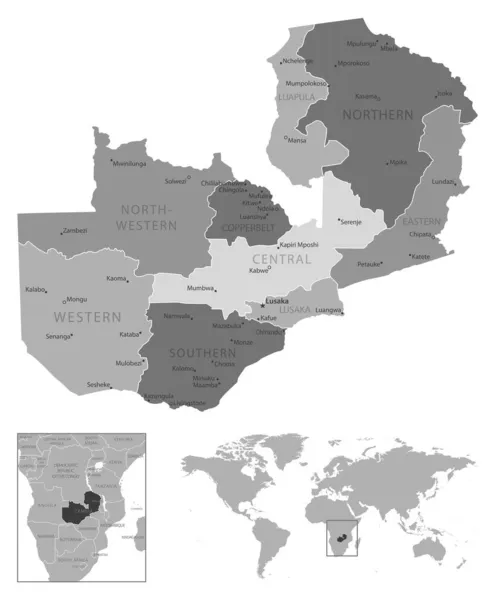 Zâmbia - mapa preto e branco altamente detalhado. — Vetor de Stock