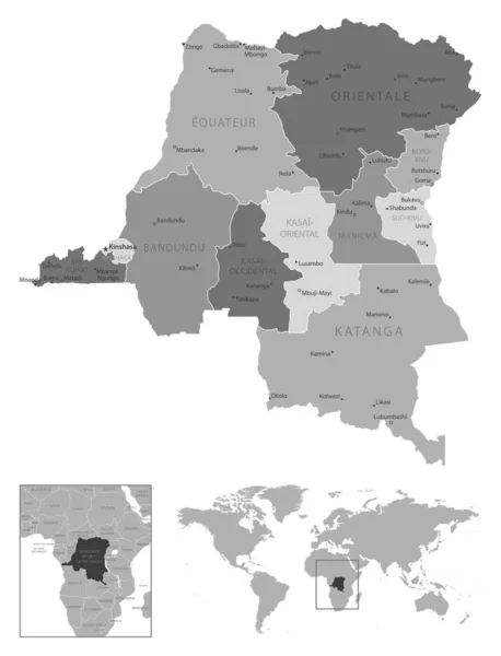 República Democrática del Congo - mapa en blanco y negro muy detallado. — Vector de stock