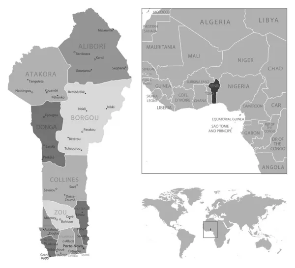 Benin - velmi podrobná černobílá mapa. — Stockový vektor