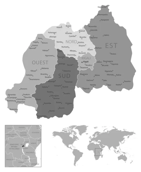 Rwanda - zeer gedetailleerde zwart-wit kaart. — Stockvector