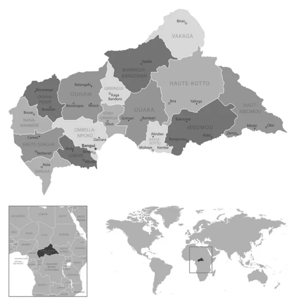 Κεντροαφρικανική Δημοκρατία - εξαιρετικά λεπτομερής ασπρόμαυρος χάρτης. — Διανυσματικό Αρχείο