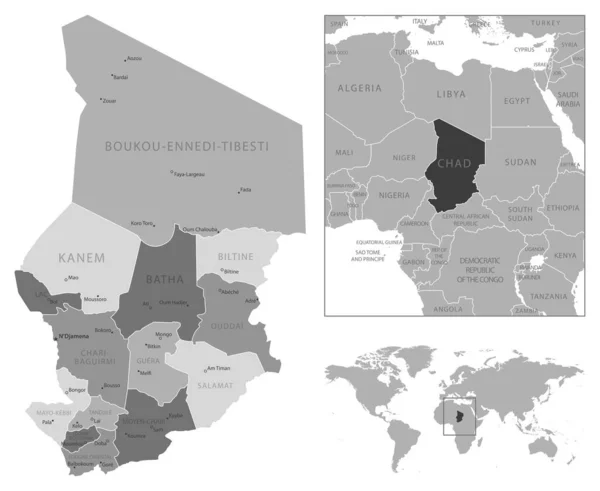 Chad - mapa en blanco y negro muy detallado. — Archivo Imágenes Vectoriales