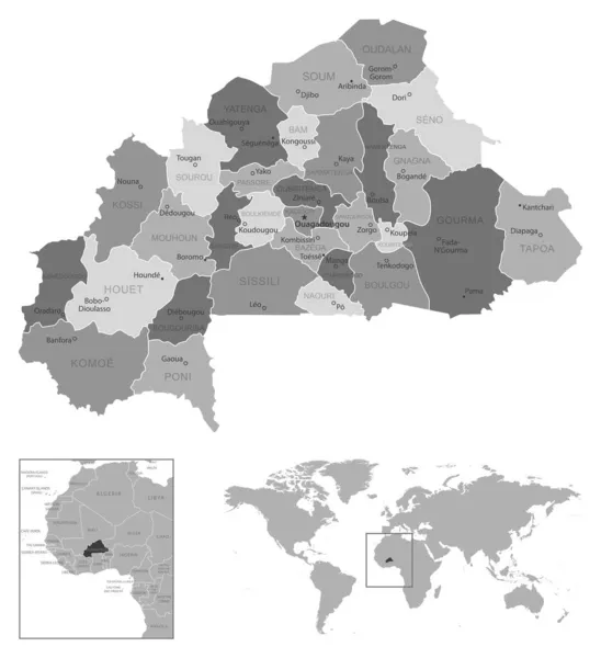 ブルキナファソ-非常に詳細な黒と白の地図. — ストックベクタ