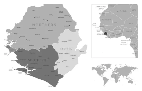 Sierra Leone - çok detaylı siyah beyaz harita. — Stok Vektör