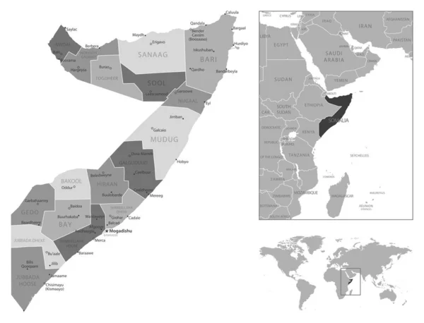 Somálsko - velmi podrobná černobílá mapa. — Stockový vektor