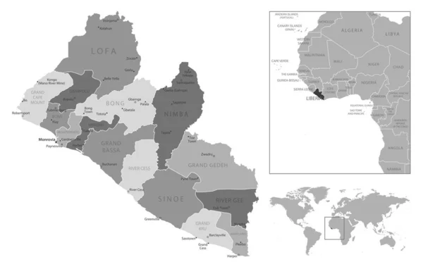 Libéria - mapa preto e branco altamente detalhado. — Vetor de Stock