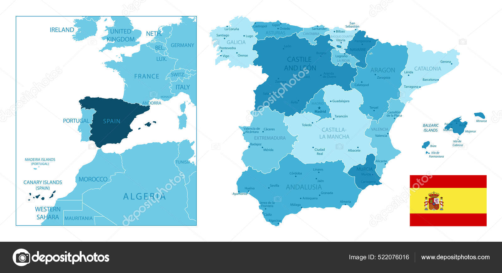 Espanha Mapa Azul Altamente Detalhado Ilustração Vetorial imagem vetorial  de gt29© 522076016