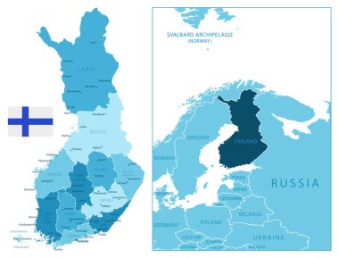 Finlandiya - yüksek detaylı mavi harita. Vektör illüstrasyonu